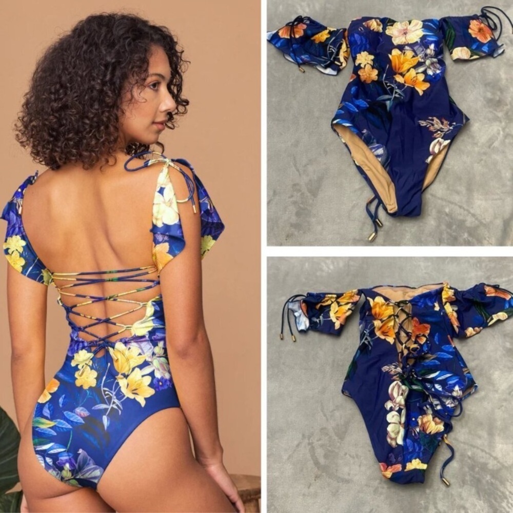 New! Ochie Midnight Floral Olivia Off Shoulder One Piece Swimsuit 3518